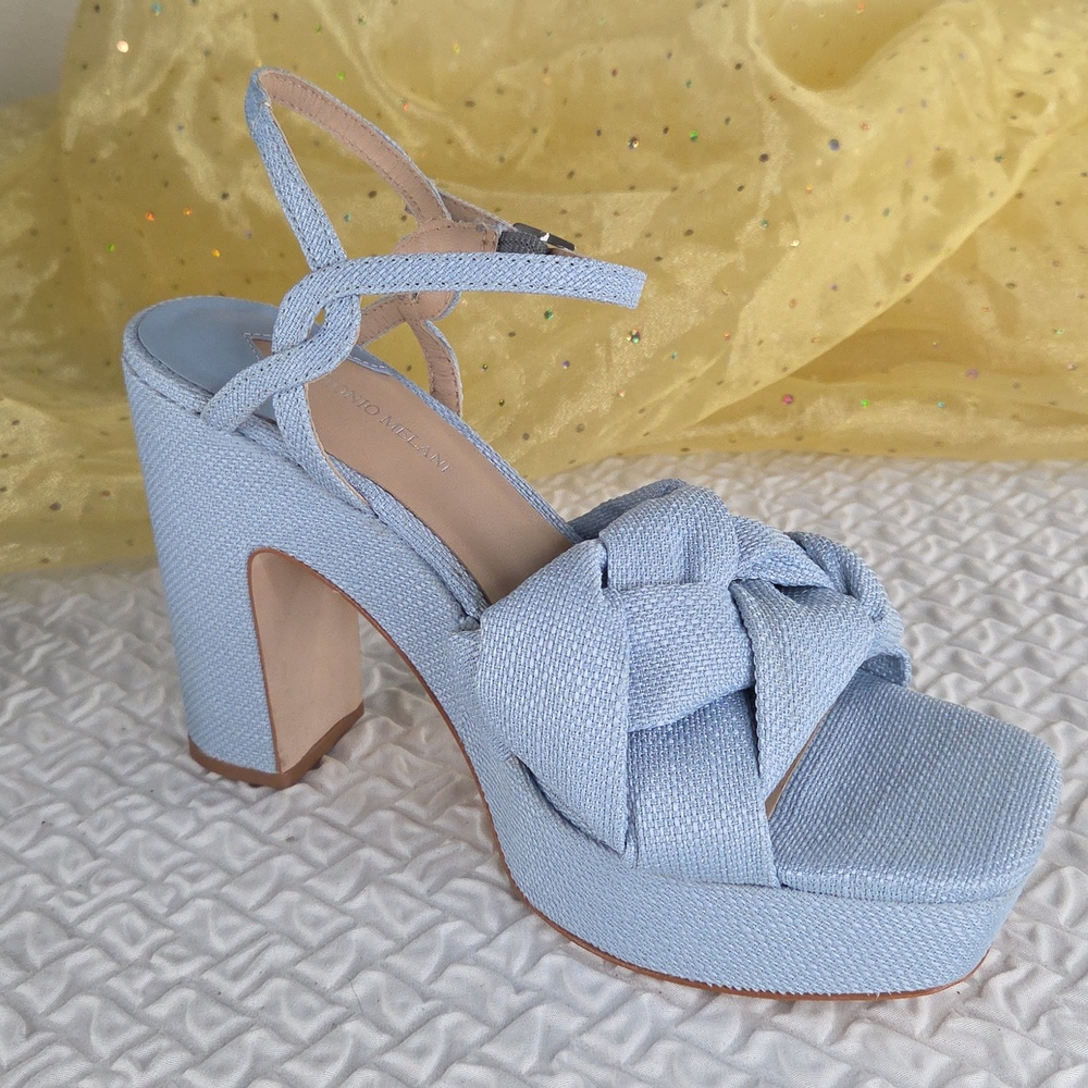 Antonio Melani Platform Size 8 Knotted Linen Block Heel Sandal - Light Blue - Picture 2 of 16